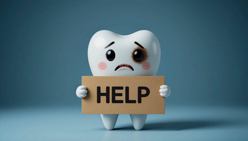 Animated tooth looking injured holding "help" sign